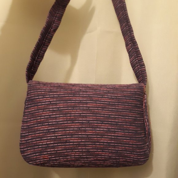 Tapestry fabric mini Purse shoulder bag Purple Pink striated 7x5x2" - Picture 7 of 10